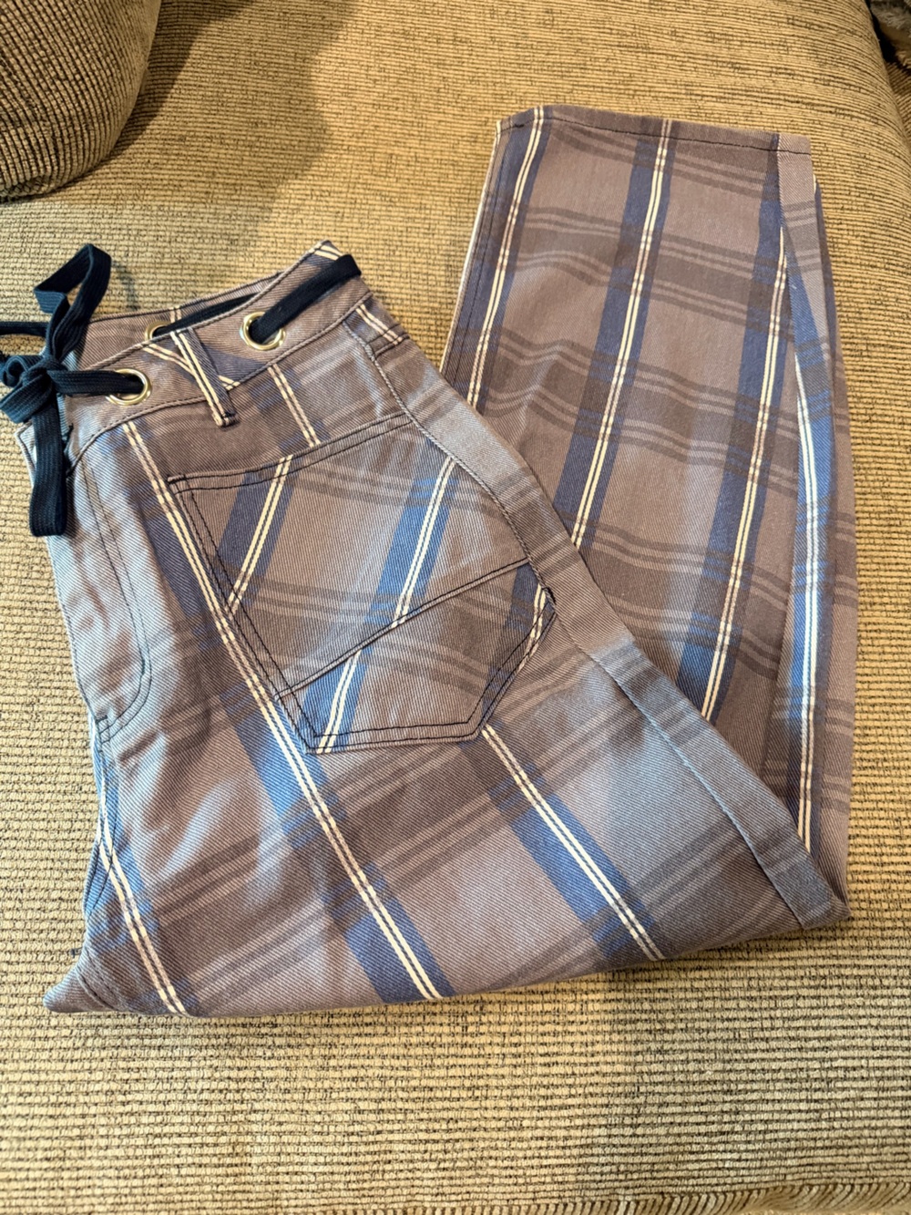 Plaid Wide-Leg Women's Jeans Deep Pockets Slate Blue with Navy Rope Waist Tie 12